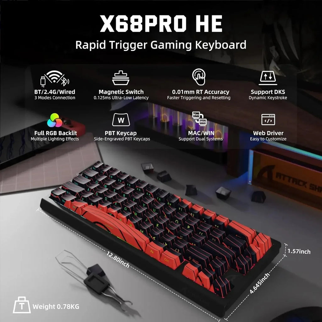 ATTACK SHARK X68 Pro HE Wireless Gaming Keyboard – 8K Polling, Rapid Trigger, Hot-Swap, RGB Backlit, Magnetic Mechanical Switches