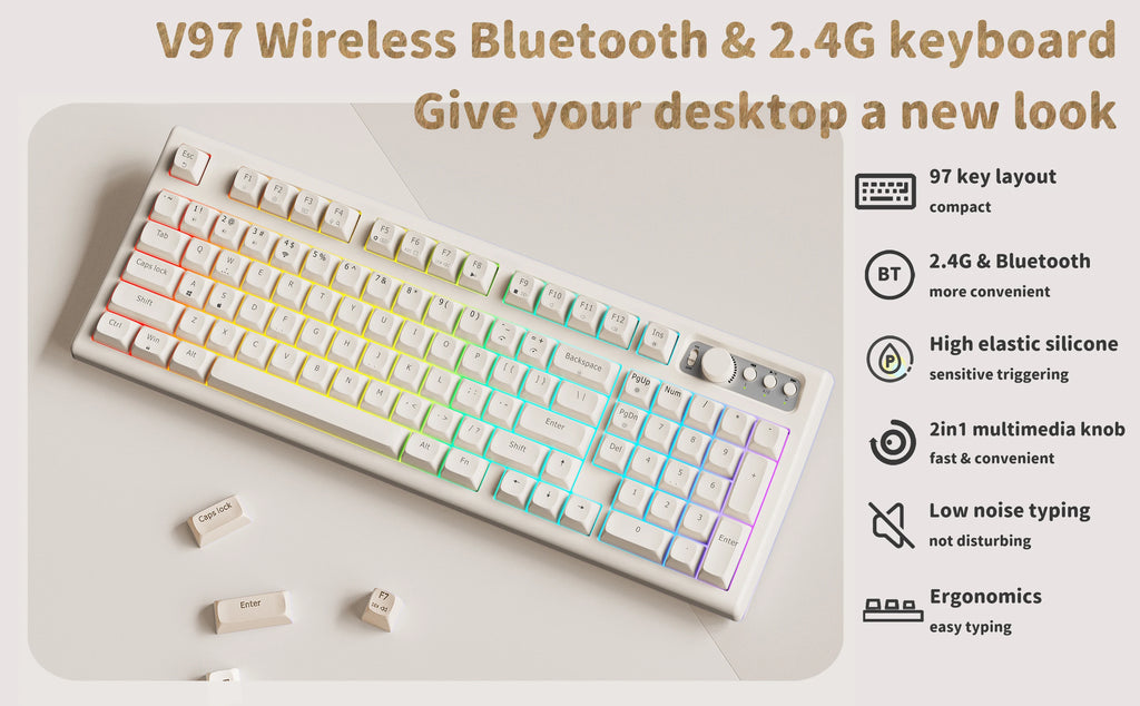EWEADN V97 Cute Creamy Keyboard – Wireless Gaming Keyboard with Bluetooth & 2.4GHz, RGB Backlit, Rechargeable, Quiet Typing, for PC Gamers