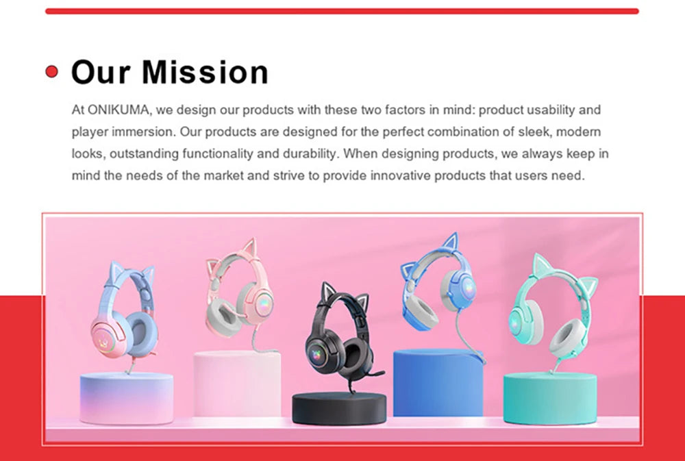 ONIKUMA RGB Gaming Headset – Detachable Cat Ears, Wired, Noise-Canceling Mic, Esports Style