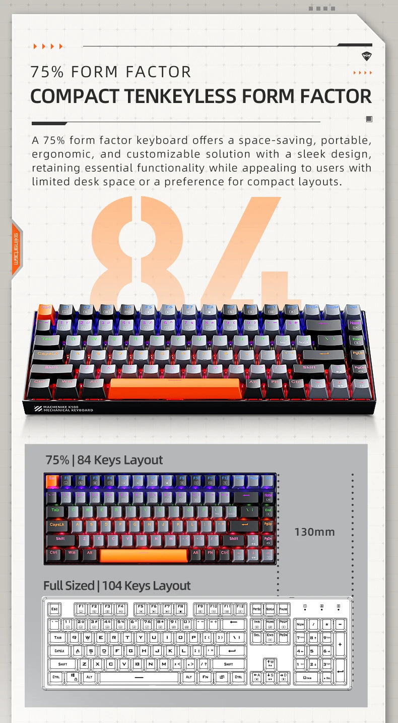 Machenike K500A-B84 Mechanical Keyboard – 75% TKL, 84 Keys, Hot-Swappable, Wired Gaming Keyboard, 6-Color Backlight