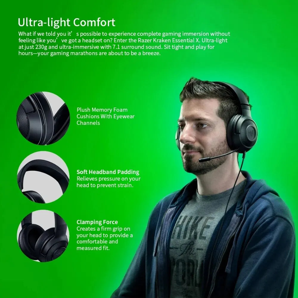 Razer Kraken X Essential Gaming Headset – 7.1 Surround Sound, Cardioid Mic, 40mm Drivers