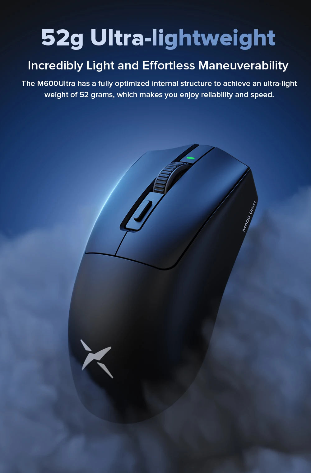 Delux M600 Series Wireless Gaming Mouse – 52g Lightweight, 2.4G Dual-Mode, 26,000 DPI, Macro Support, Rechargeable