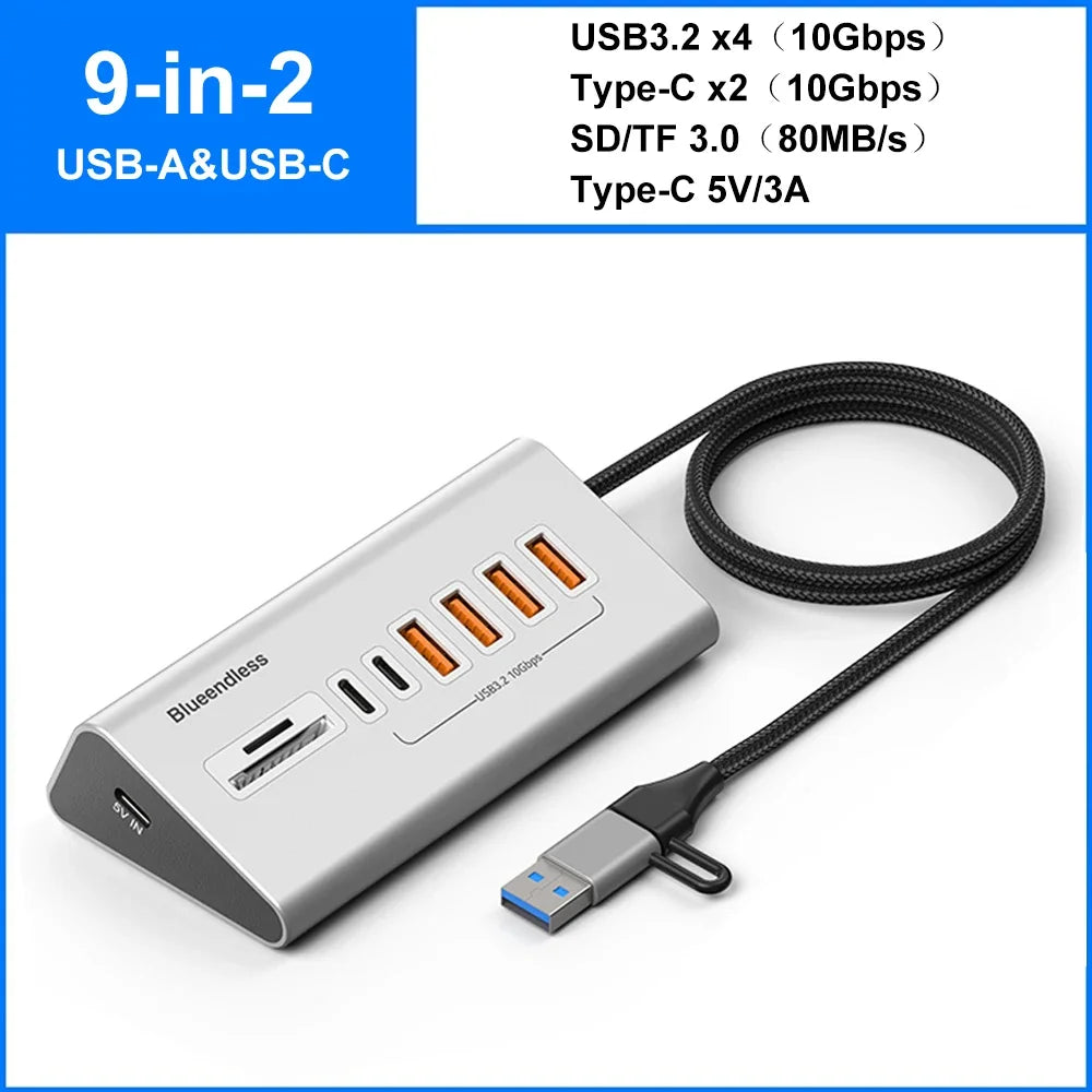 10Gbps USB 3.2 Docking Station USB Hub Type C Splitter with Card Reader Aluminum Alloy Multi 8/9 Ports Switch For PC Laptop
