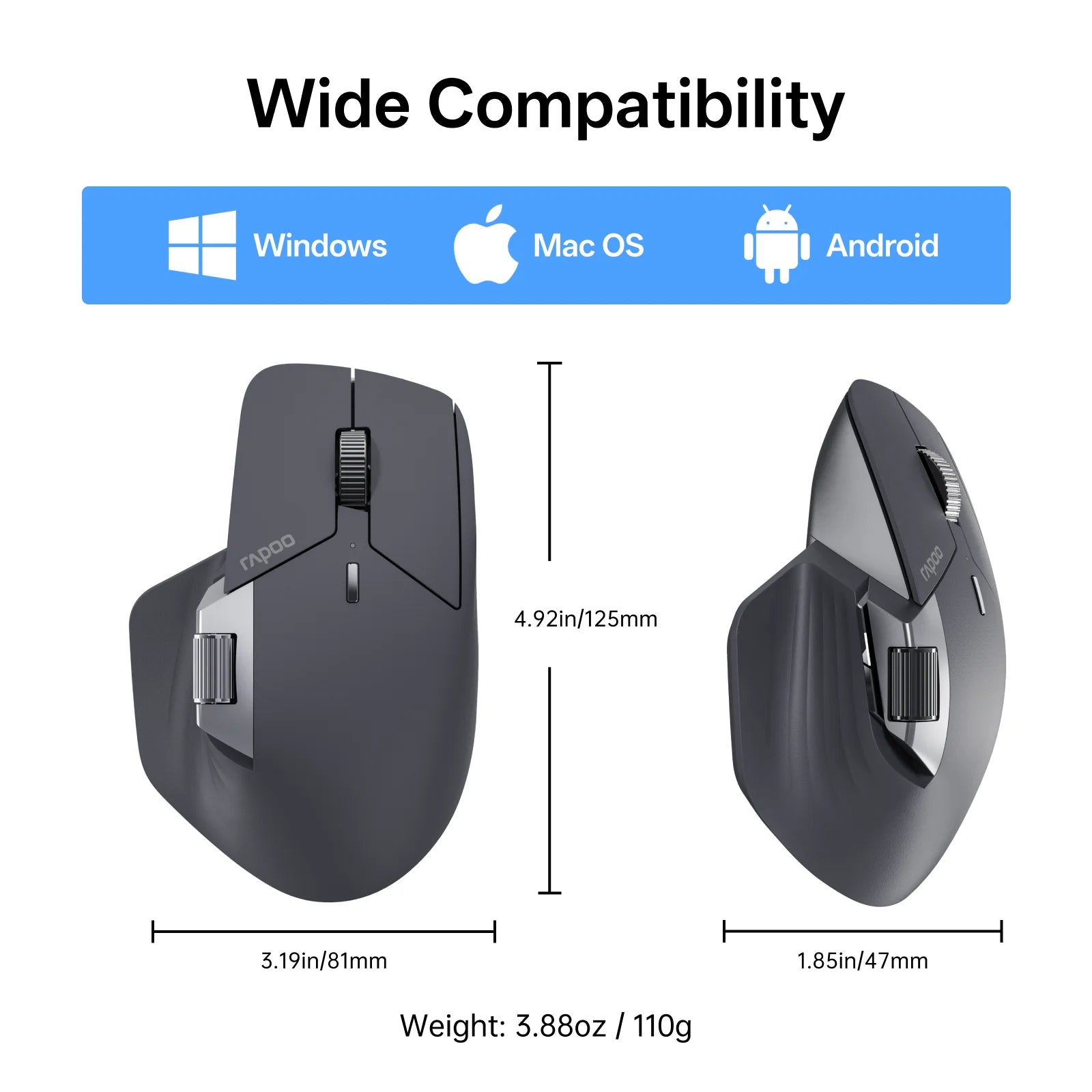 Rapoo MT760PRO Wireless Mouse – NearLink + Bluetooth 5.0, Multi-Device, 12,000 DPI, 2K Polling Rate, Ergonomic, Quiet Clicks