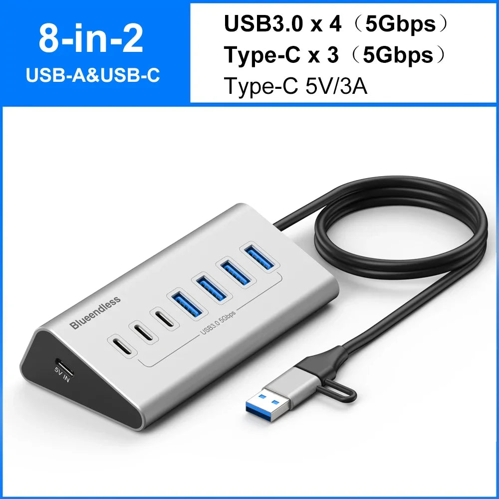 10Gbps USB 3.2 Docking Station USB Hub Type C Splitter with Card Reader Aluminum Alloy Multi 8/9 Ports Switch For PC Laptop