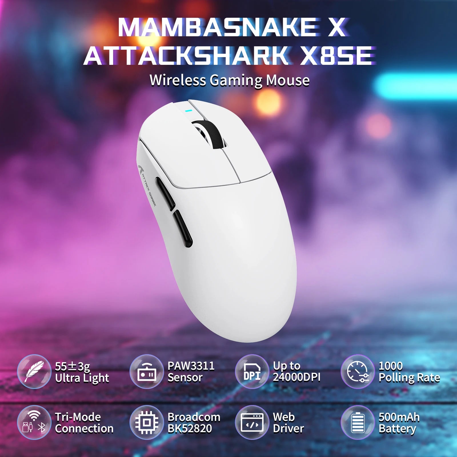 ATTACK SHARK X8SE Tri-Mode Wireless Gaming Mouse – PAW3311 Sensor, 25,000 DPI, 80 Million Clicks, Designed for Large Hands