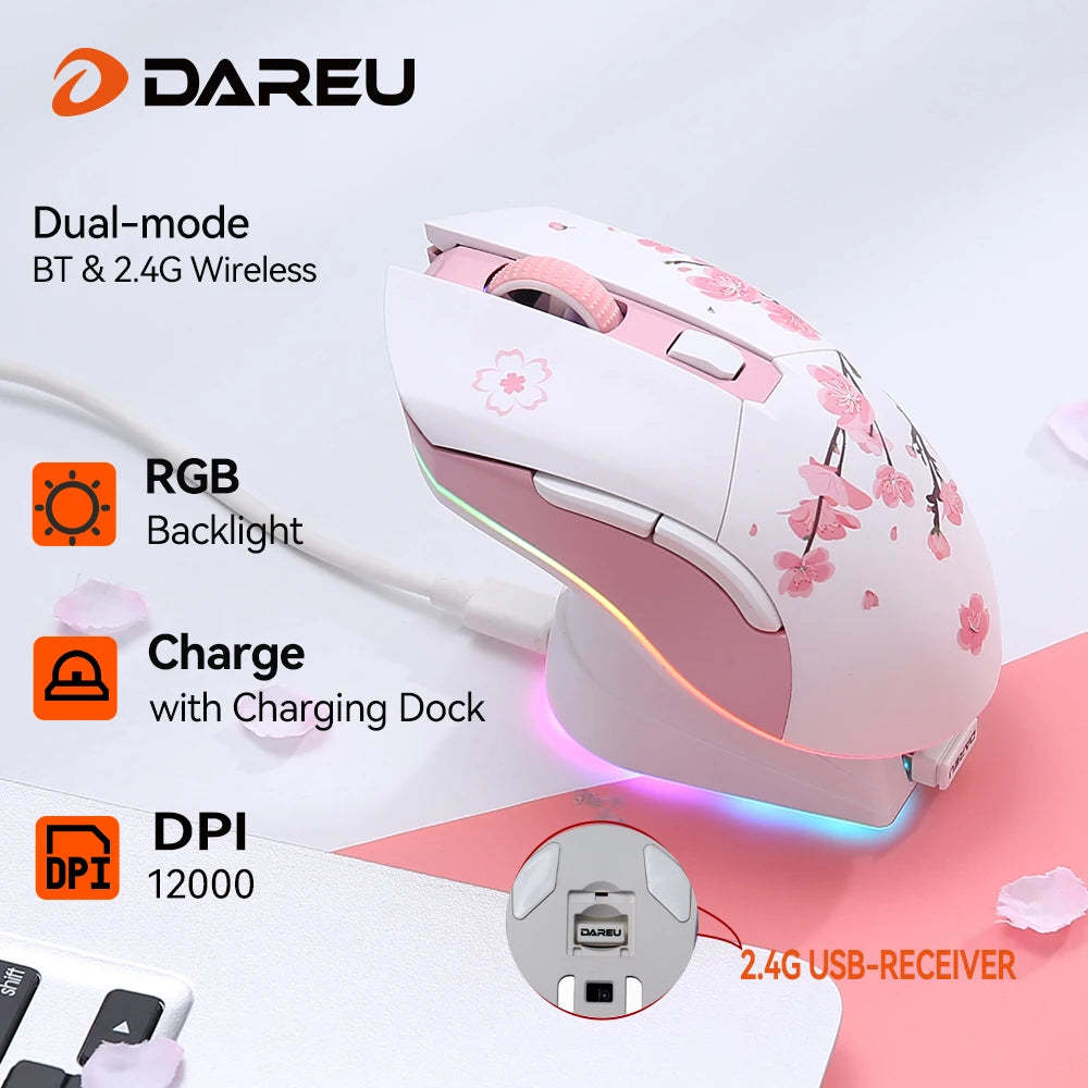 DAREU Dual-Mode Gaming Mouse – 2.4G Wireless & Wired, RGB, 930mAh Rechargeable Battery, Macro Programmable, for PC & Laptop