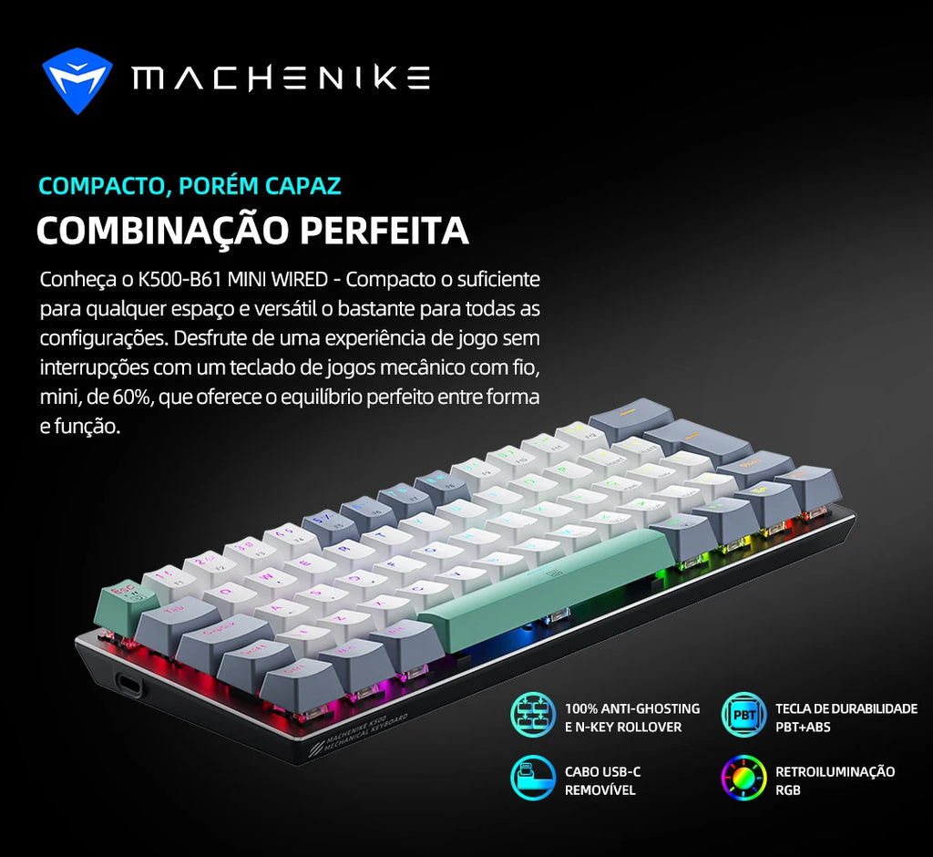 Machenike K500-B61 Mini Mechanical Keyboard – 60%, ABNT2 Layout, RGB Backlight, Hot-Swappable, NKRO, Wired Gaming Keyboard