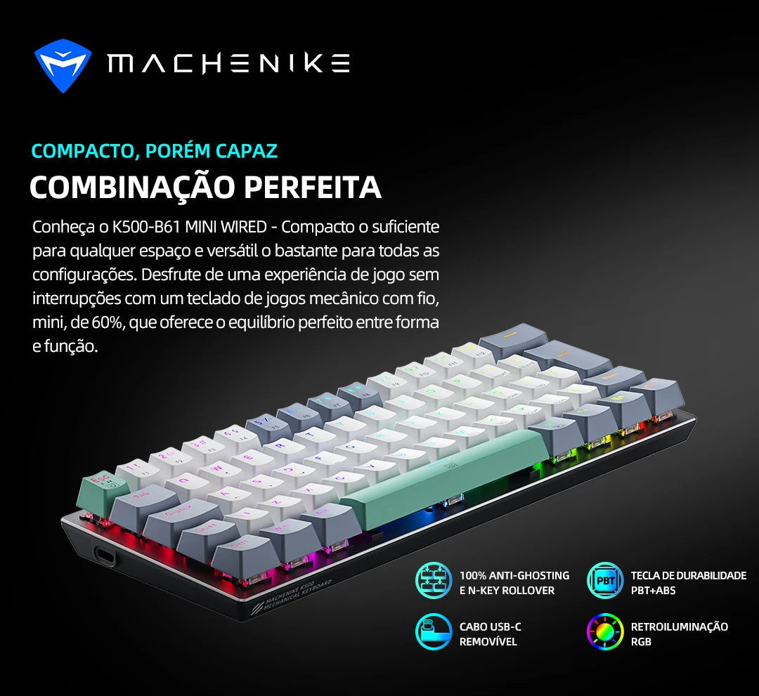 Machenike K500-B61 Mini Mechanical Keyboard – 60%, ABNT2 Layout, RGB Backlight, Hot-Swappable, NKRO, Wired Gaming Keyboard