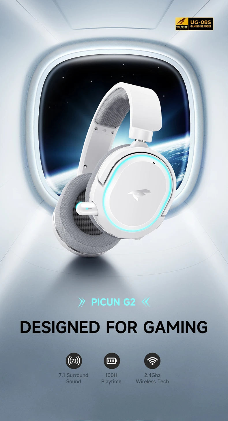 Picun G2 Wireless Gaming Headset – 2.4GHz & Bluetooth, 7.1 Surround, Low Latency, ENC Mic