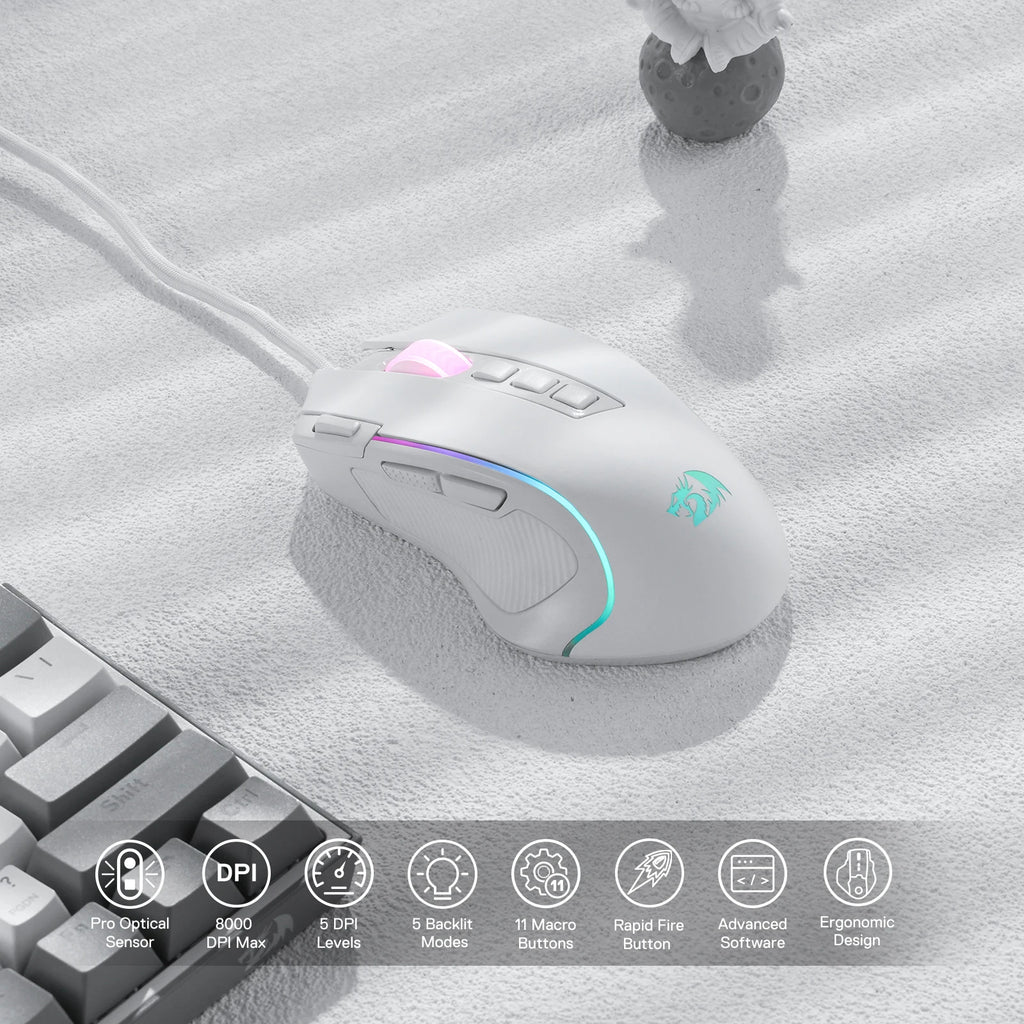 Redragon M612 Predator RGB Wired Gaming Mouse – 8,000 DPI Optical Sensor, 11 Programmable Buttons, White
