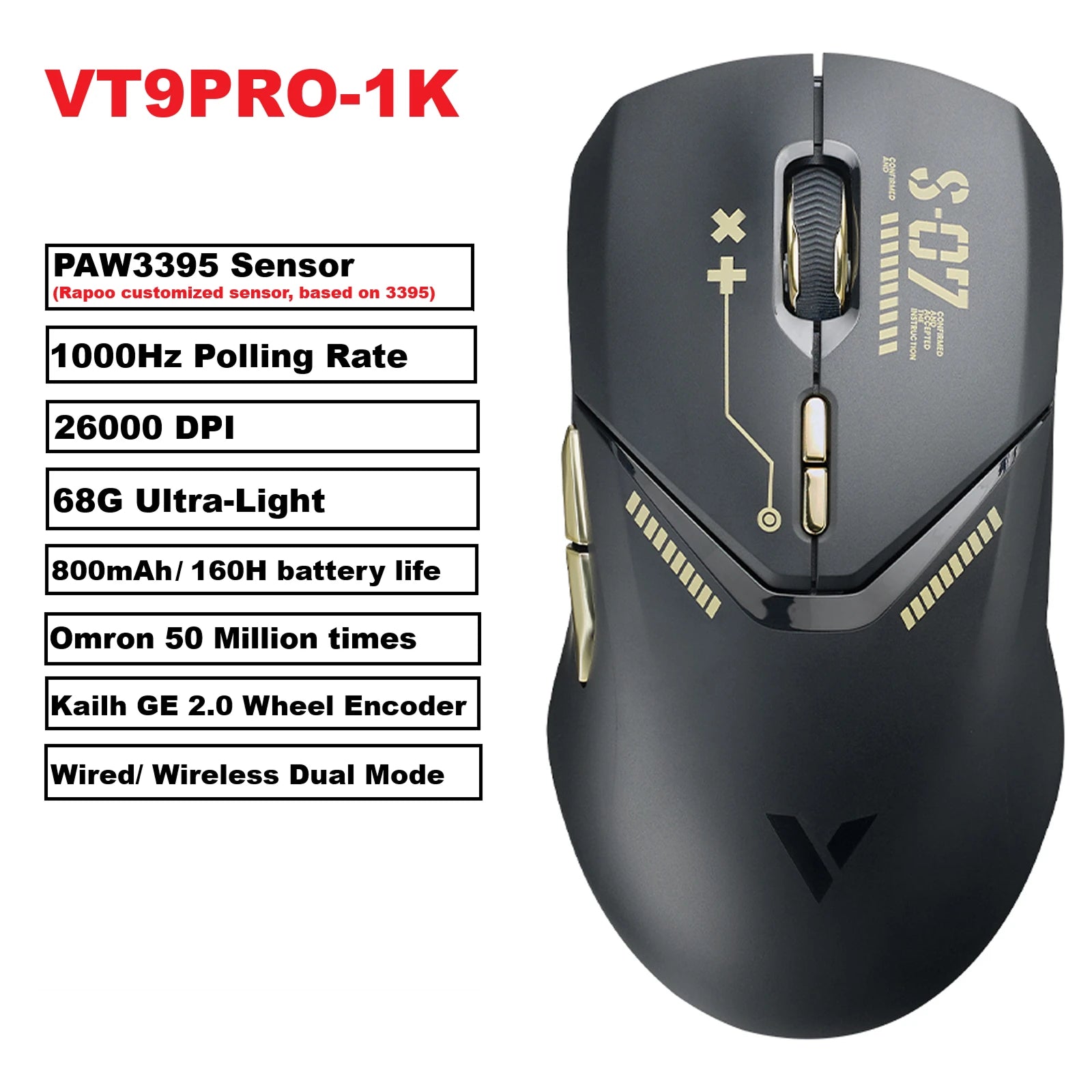 Rapoo VT9 PRO Wireless Gaming Mouse – PAW3398 Sensor, 26,000 DPI, 68g Lightweight, Wired & Wireless, 160H Long Battery Life