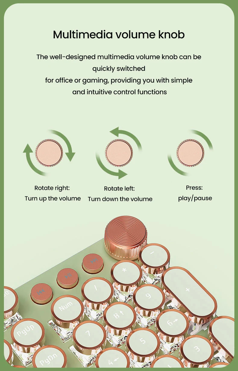 EWEADN V20 Punk Typewriter Mechanical Gaming Keyboard – 104 Keys, Round Keycaps, LED White Backlight, Key-Wire Separation Design