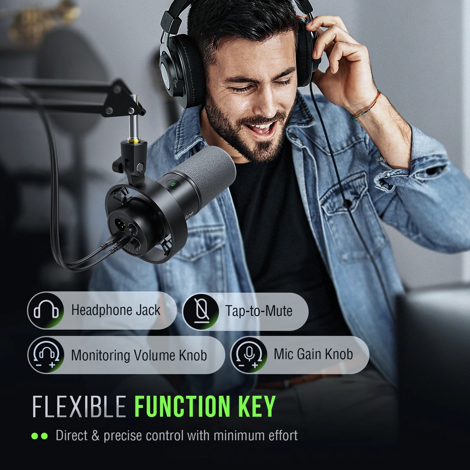 FIFINE USB/XLR Dynamic Microphone with Shock Mount,Touch-mute,Headphone Jack&Volume Control,for PC or Sound Card Recording -K688