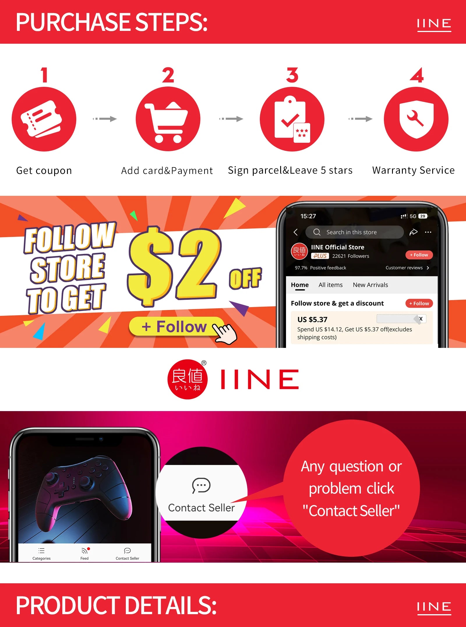 INE Retro Red Pocket Controller - Hall Effect Joysticks, 1000Hz Polling Rate, 6-Axis Gyro, Portable for Switch/PC/Mobile