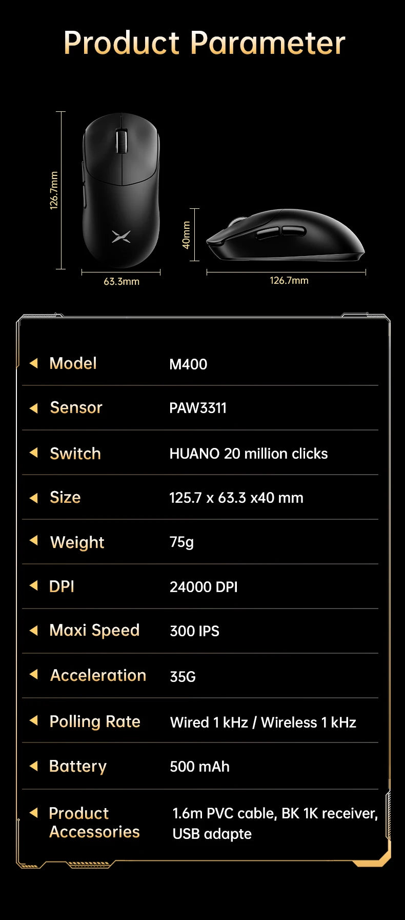 Delux M400 Wireless Gaming Mouse – 24,000 DPI, 1KHz Polling Rate, PAW3311 Sensor, Tri-Mode, 500mAh Rechargeable, for All Hand Sizes