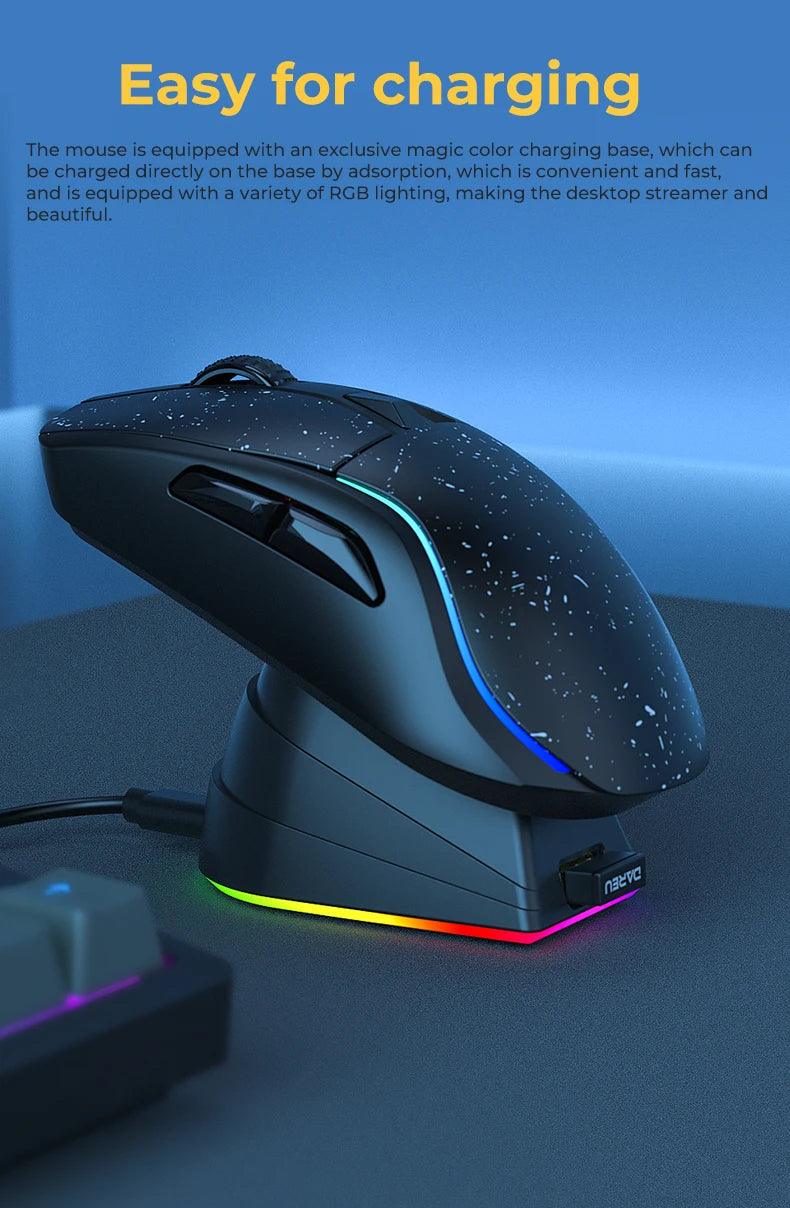 DAREU Tri-Mode Gaming Mouse – Bluetooth / Wired / 2.4G, Charging Base, KBS Buttons, for Laptop & PC Gamers