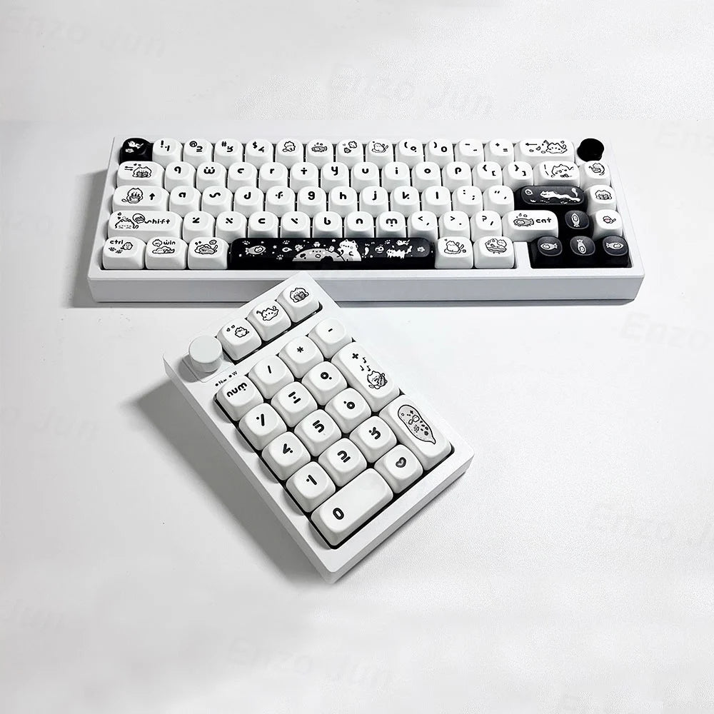 Naught Cat Black & White Keycaps – 140 Keys, MOA Profile, PBT Dye-Sublimation, for MX Switch Gaming Mechanical Keyboard