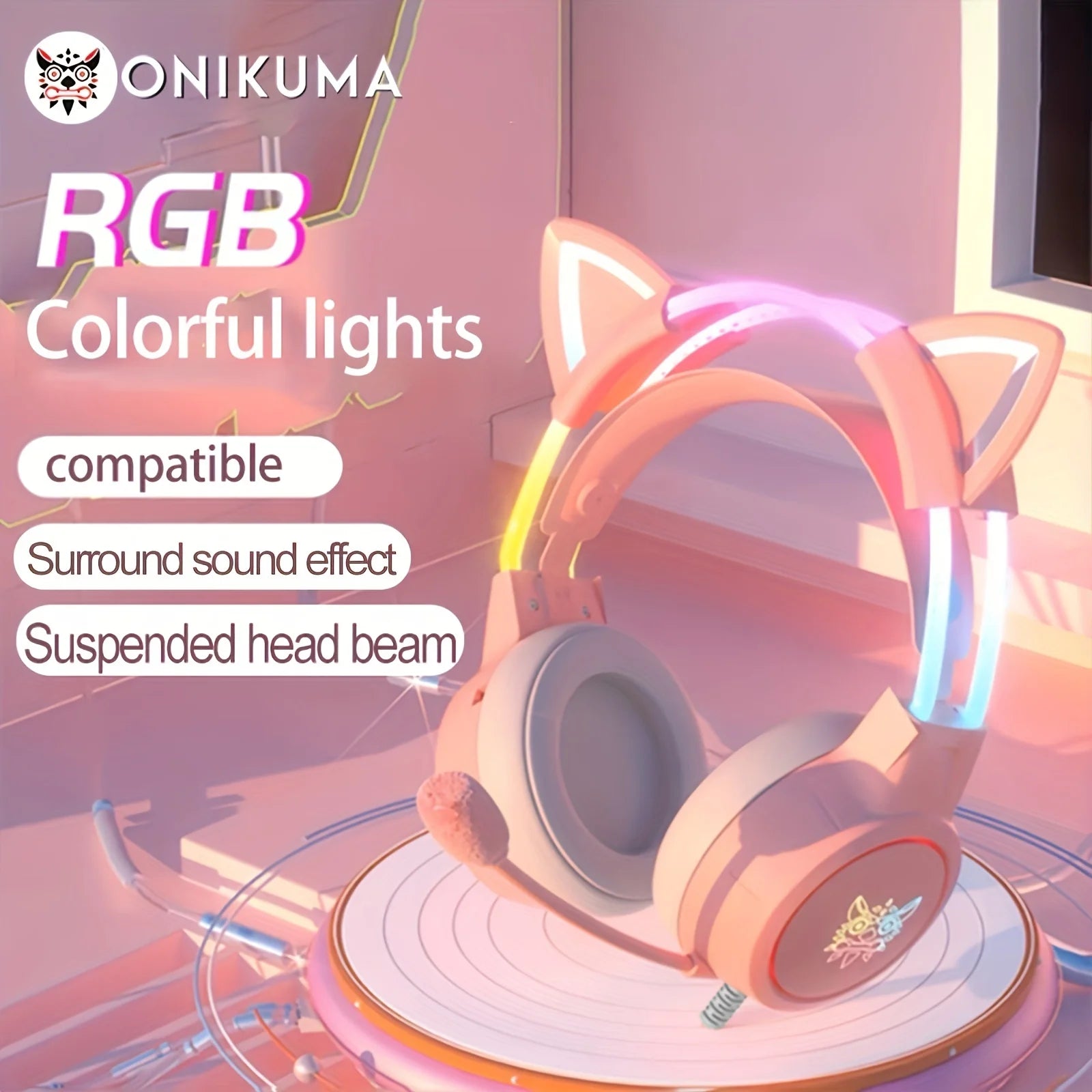 ONIKUMA RGB Gaming Headset – Detachable Cat Ears, Wired, Noise-Canceling Mic, Esports Style