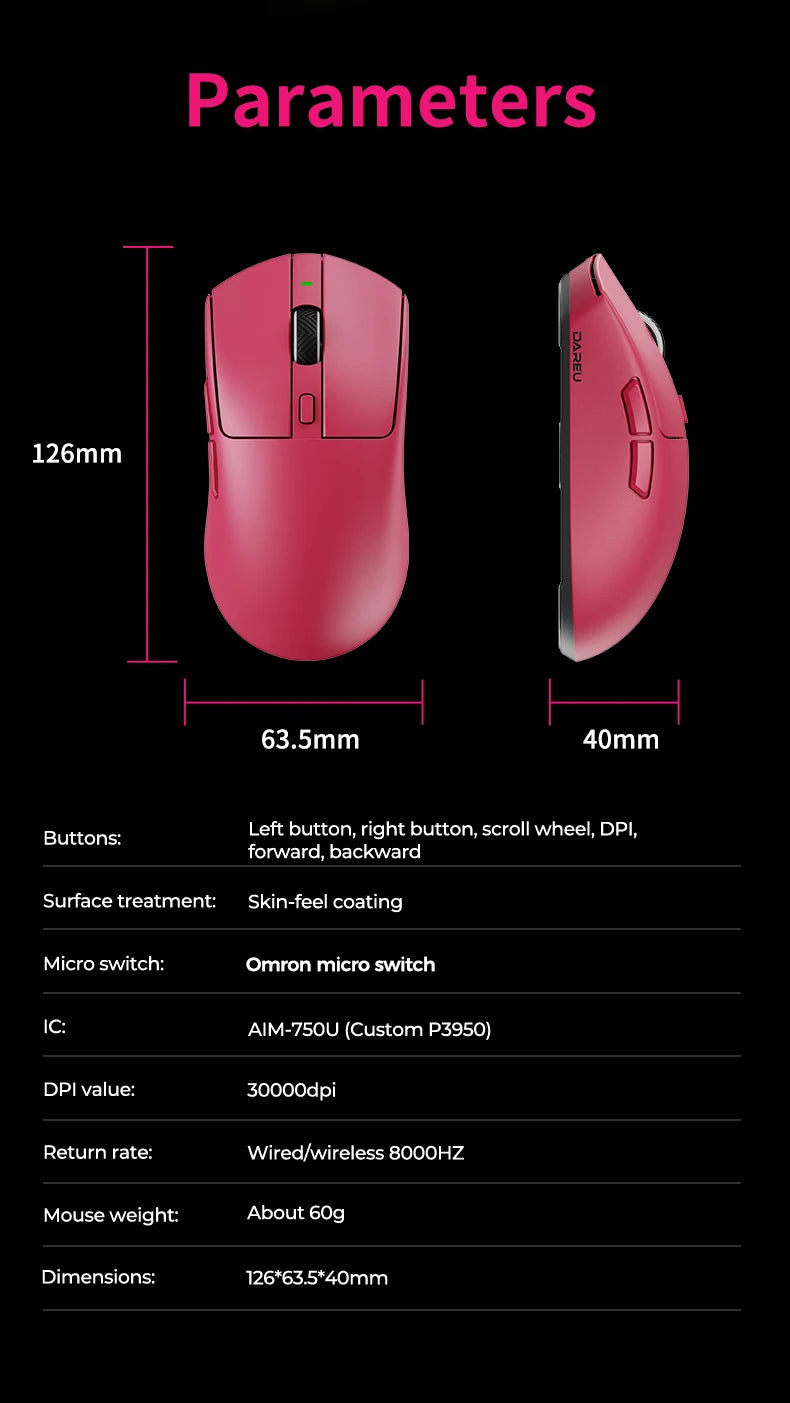 DAREU Wireless Gaming Mouse – 8KHz Polling Rate, AIM-750 (PAW3950) Sensor, 30,000 DPI, Tri-Mode Connection, 60g Lightweight, with Charging Base