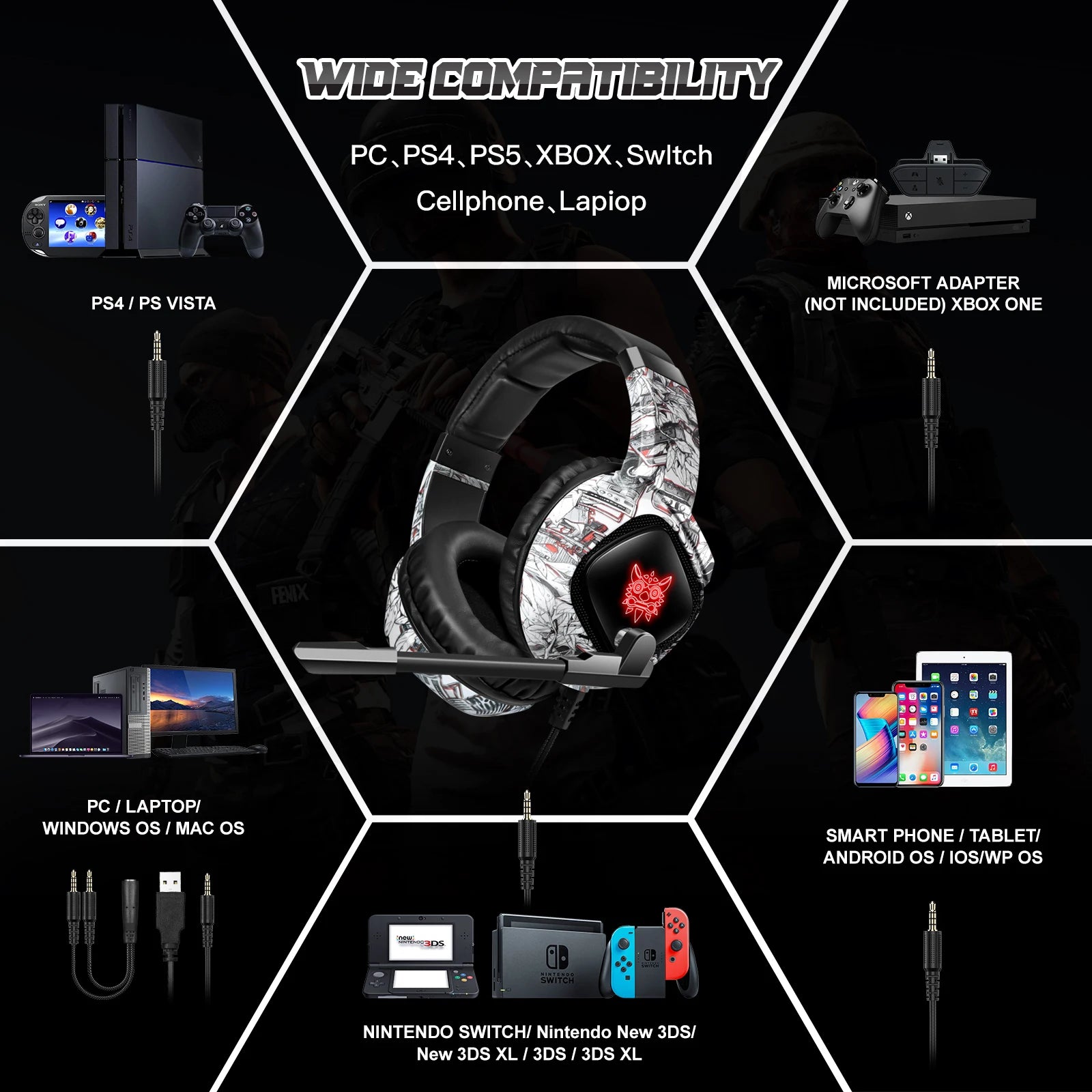 ONIKUMA Wired Gaming Headset – LED Backlight, Noise-Canceling Mic, for PS4/PS5/Xbox/PC