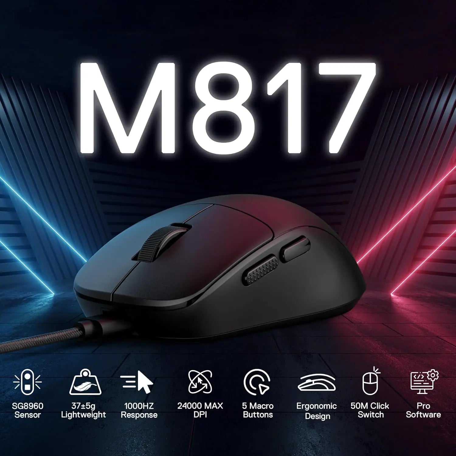 Redragon M817 Wired Gaming Mouse – 24,000 DPI Optical Sensor, 5 Programmable Buttons, Ergonomic Design, 37g Ultra-Lightweight