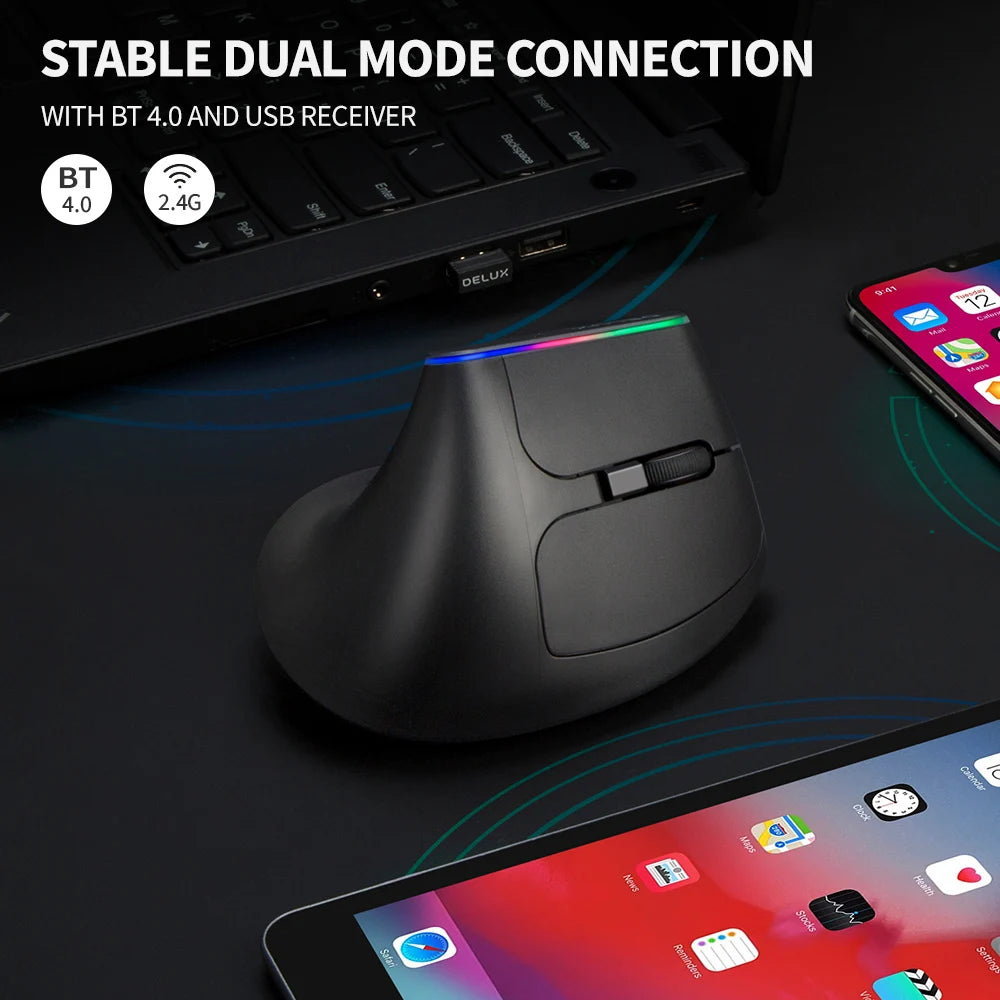 Delux Ergonomic Vertical Wireless Mouse – Rechargeable, RGB, Bluetooth & 2.4G, 4,000 DPI, Silent Clicks, for Laptop & PC
