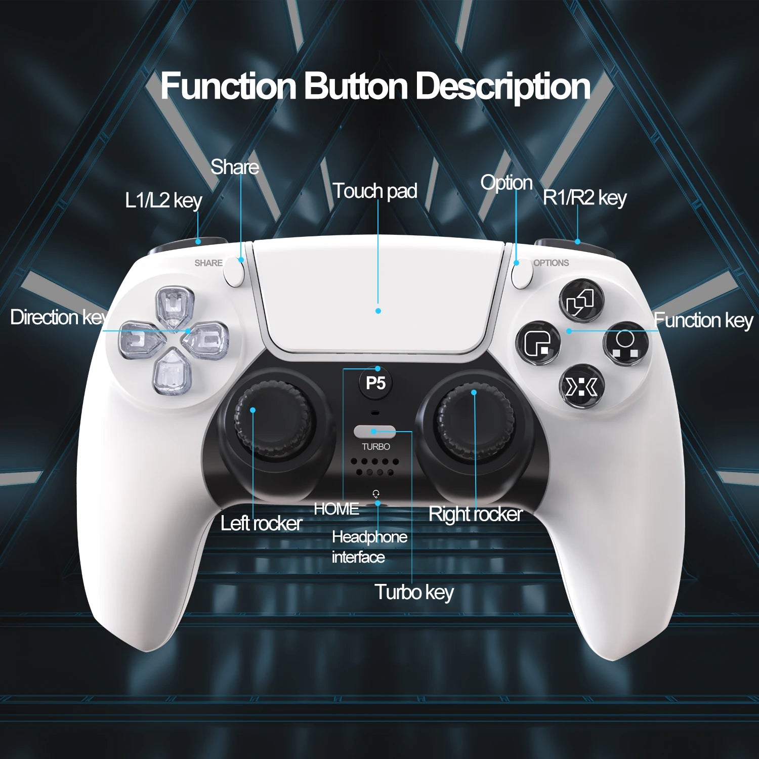 GAMINJA P50A Wireless Game Controller For PS5/PC Transparent Crystal buttons Six Axis Gyroscope With Touchpad Ergonomic