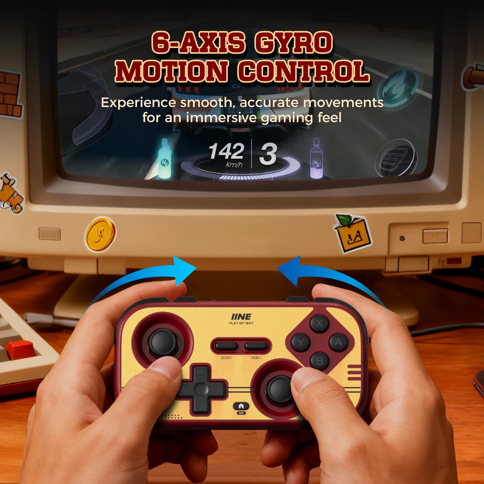 INE Retro Red Pocket Controller - Hall Effect Joysticks, 1000Hz Polling Rate, 6-Axis Gyro, Portable for Switch/PC/Mobile