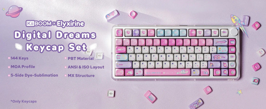 KiiBOOM × Elyxirine Digital Dreams (Pastel Y2K) Keycap Set – 144 Keys, MOA / Cherry Profile, for 60% / 65% / 75% / TKL / Full-Size Keyboards
