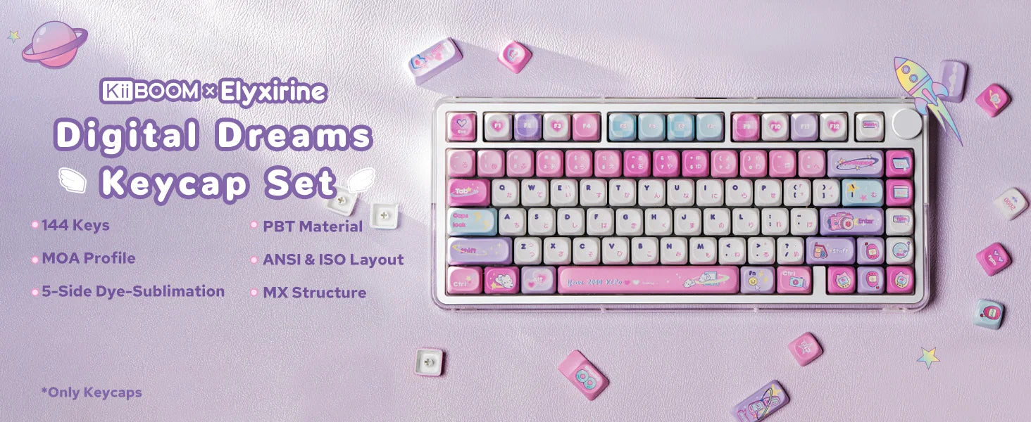 KiiBOOM × Elyxirine Digital Dreams (Pastel Y2K) Keycap Set – 144 Keys, MOA / Cherry Profile, for 60% / 65% / 75% / TKL / Full-Size Keyboards