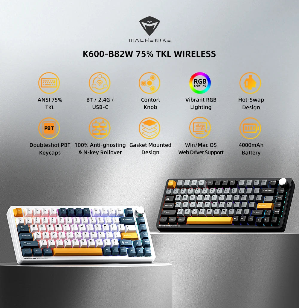 Machenike K600-B82W Mechanical Keyboard – 75% ANSI Layout, Gasket Mounted, RGB Backlit, Tri-Mode Wireless Gaming Keyboard