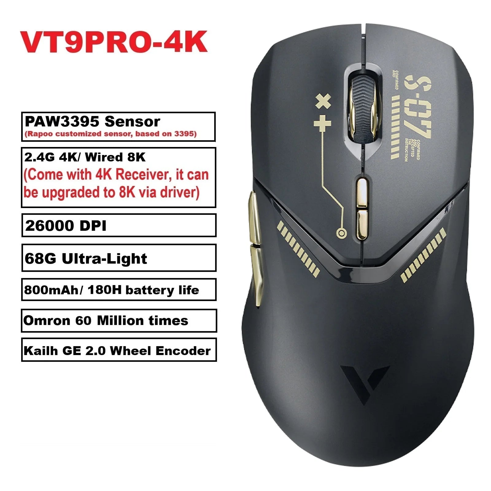 Rapoo VT9 PRO Wireless Gaming Mouse – PAW3398 Sensor, 26,000 DPI, 68g Lightweight, Wired & Wireless, 160H Long Battery Life