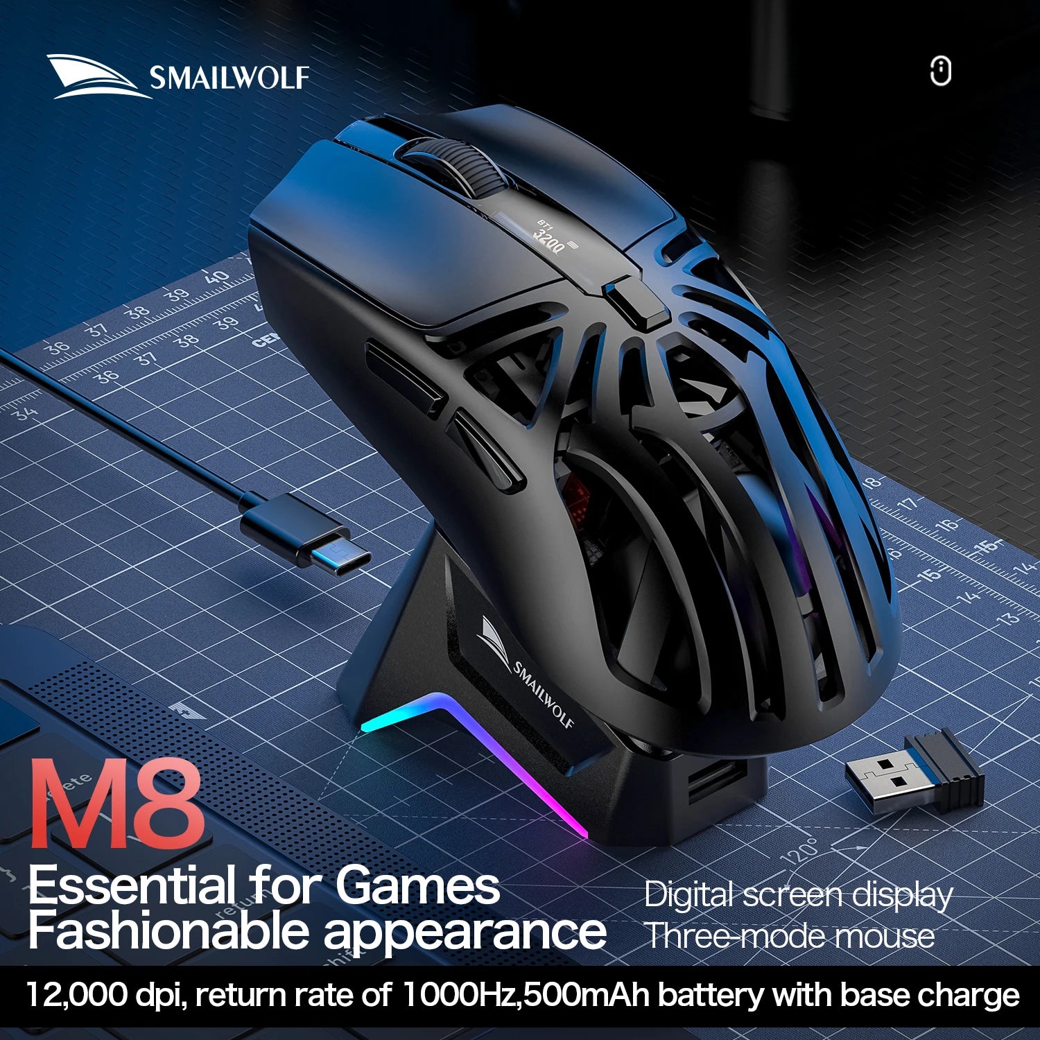 SMAILWOLF RS8 Tri-Mode Gaming Mouse – Bluetooth / 2.4G / Wired, 10,000 DPI, 1,000Hz Polling Rate, Lightweight, Macro Support