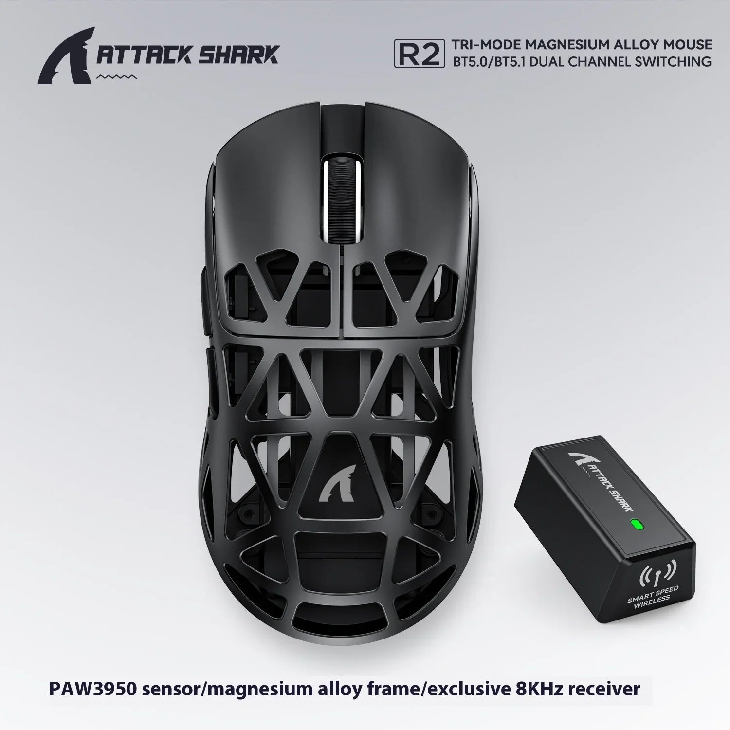 ATTACK SHARK R2 Wireless Gaming Mouse – Magnesium Alloy Hollow Design, PAW3950 Sensor, 30,000 DPI, 8KHz Wireless / 1,000Hz Wired
