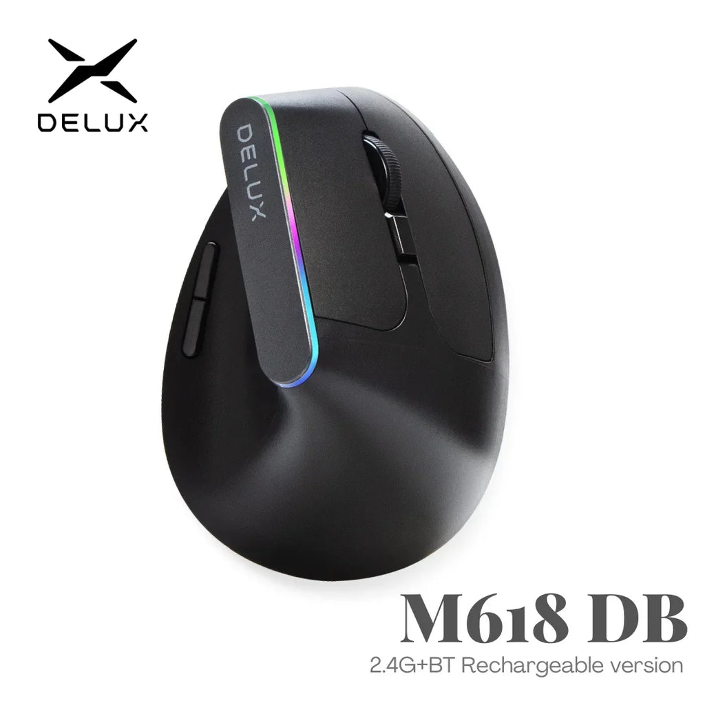 Delux Ergonomic Vertical Wireless Mouse – Rechargeable, RGB, Bluetooth & 2.4G, 4,000 DPI, Silent Clicks, for Laptop & PC