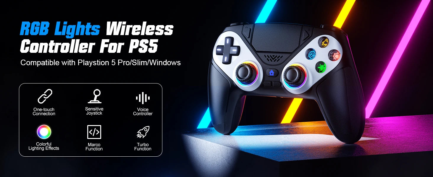 Controller for PS5/Playstion 5 Pro/Slim/PC Wireless Gamepad Hall Effect Trigger RGB Turbo Vibration Programmable Button Joystick