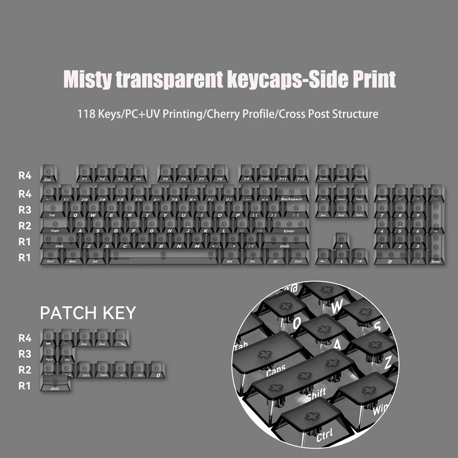 132 Keys Korean Layout Keycaps – Cherry Profile, White Transparent PC Keycaps, UV Printing Crystal Keycaps for MX Switches Gaming Keyboard