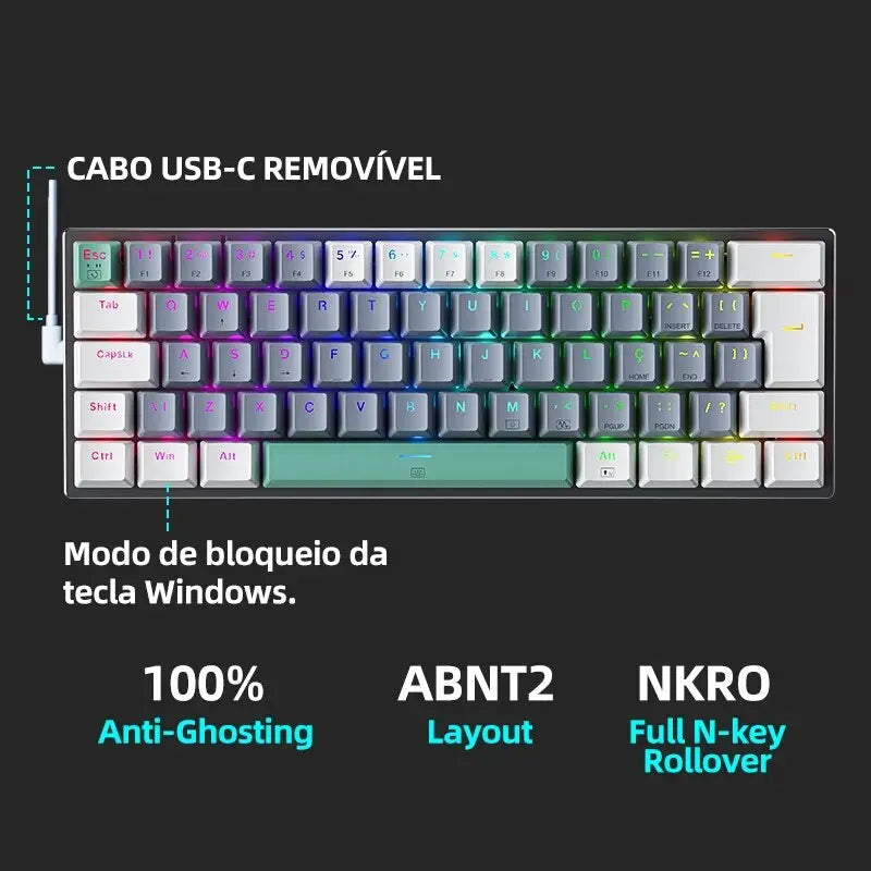 Machenike K500-B61 Mini Mechanical Keyboard – 60%, ABNT2 Layout, RGB Backlight, Hot-Swappable, NKRO, Wired Gaming Keyboard