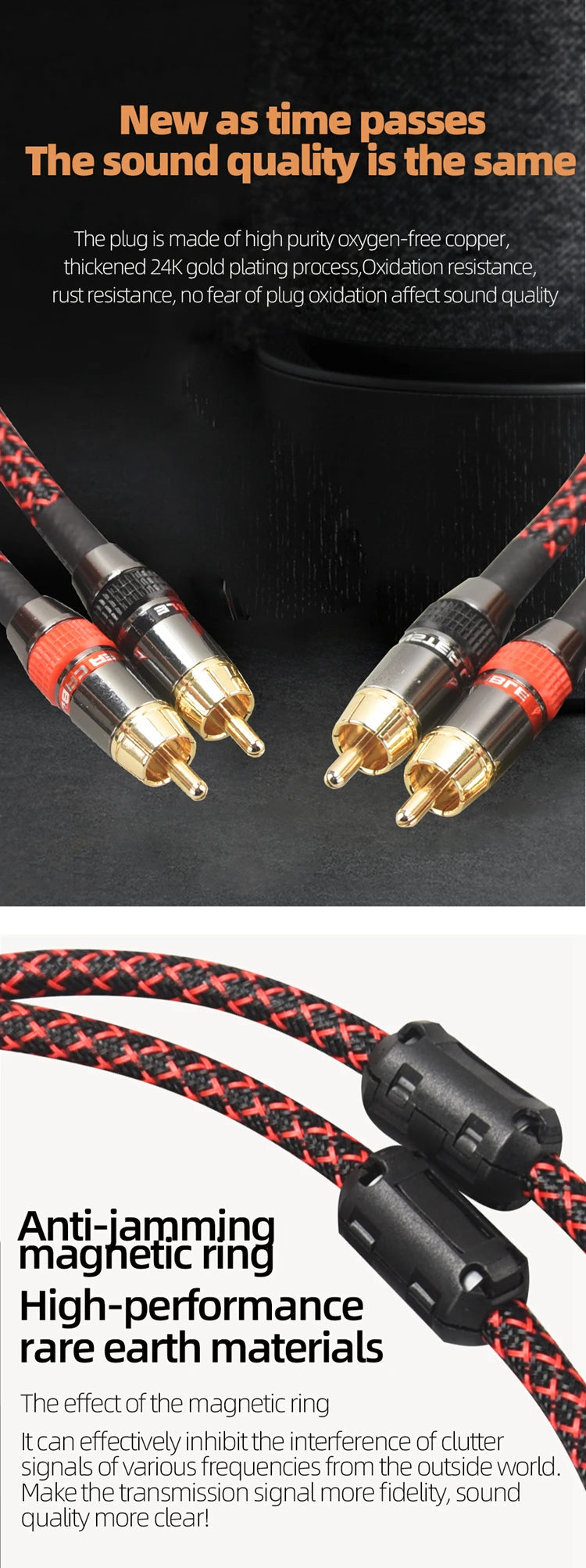 Hi-Fi 2RCA to 2RCA Audio Cable – High Quality 4N OFC, Male-to-Male RCA Cable, Independent Main-Core Shielding, One Pair