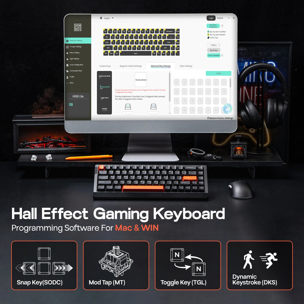 EPOMAKER HE68 Lite Mechanical Keyboard – 65% ANSI US Layout, Tray-Mounted, Wired Hall Effect Magnetic Switch, DKS SOCD, RGB Backlight