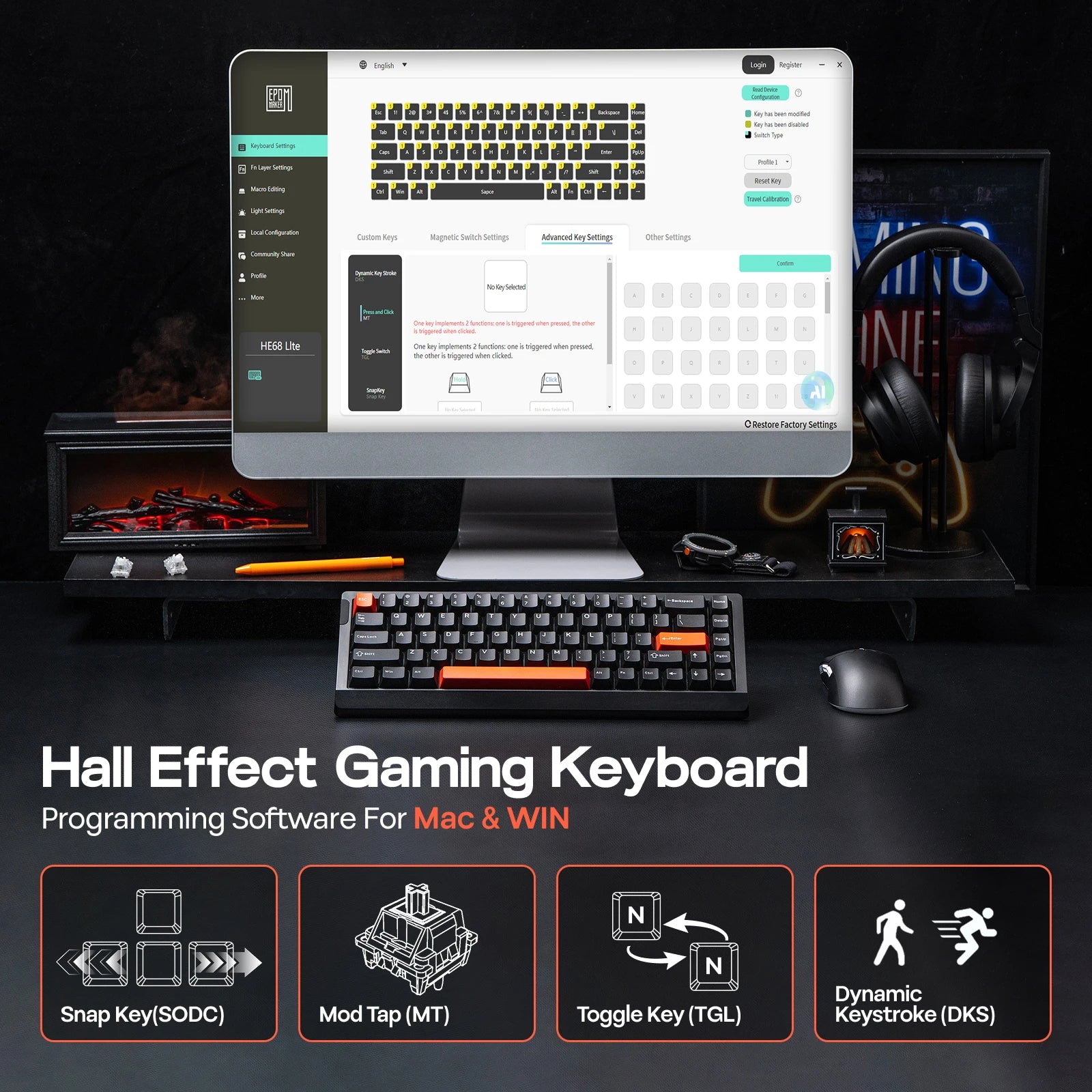 EPOMAKER HE68 Lite Mechanical Keyboard – 65% ANSI US Layout, Tray-Mounted, Wired Hall Effect Magnetic Switch, DKS SOCD, RGB Backlight