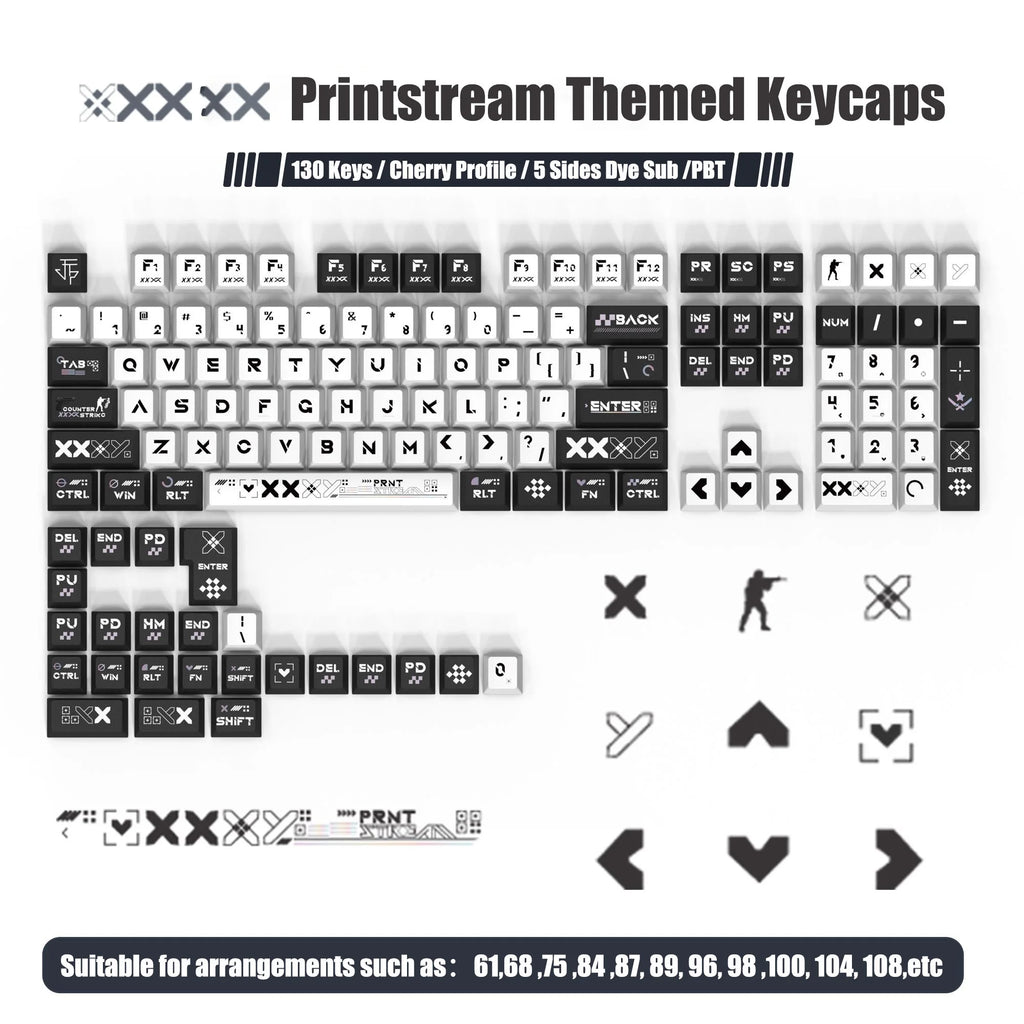 130 Keys Printstream PBT Keycaps – Cherry Profile, 5-Side Dye-Sublimation, for Gateron MX Switches Mechanical Gaming Keyboard