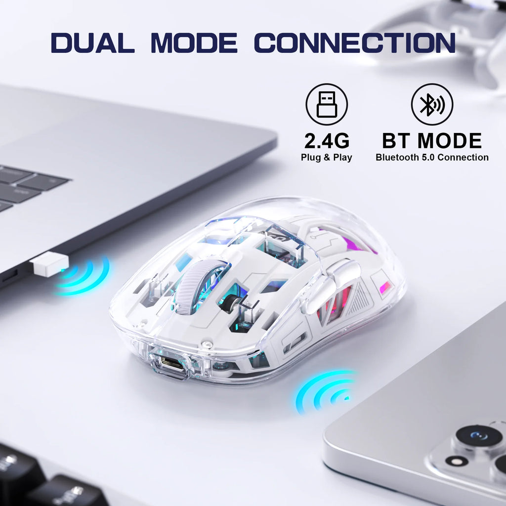 FreeWolf A2 Transparent RGB Wireless Gaming Mouse – Battery Display, Bluetooth & 2.4G, PixArt PAW3212 Sensor