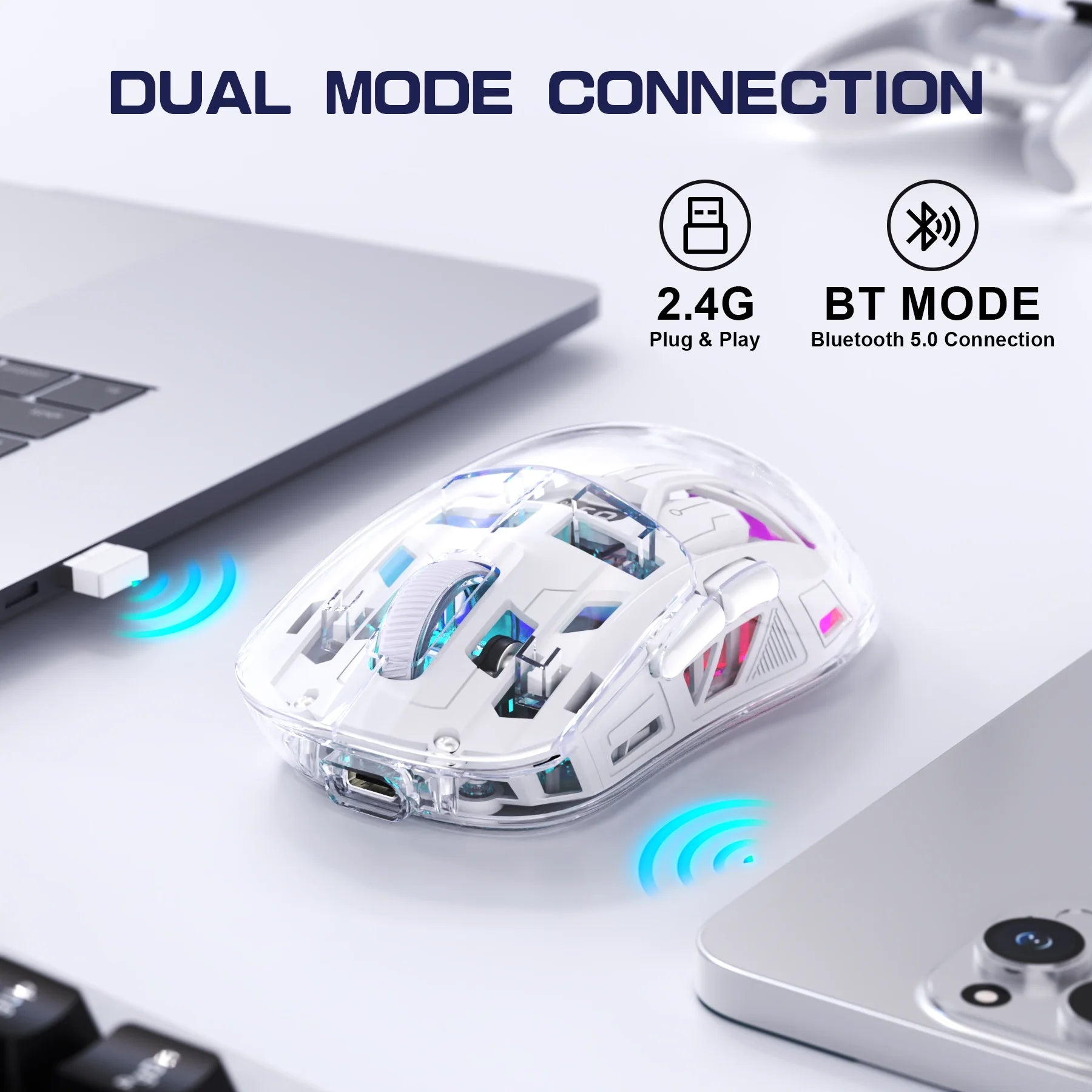 FreeWolf A2 Transparent RGB Wireless Gaming Mouse – Battery Display, Bluetooth & 2.4G, PixArt PAW3212 Sensor
