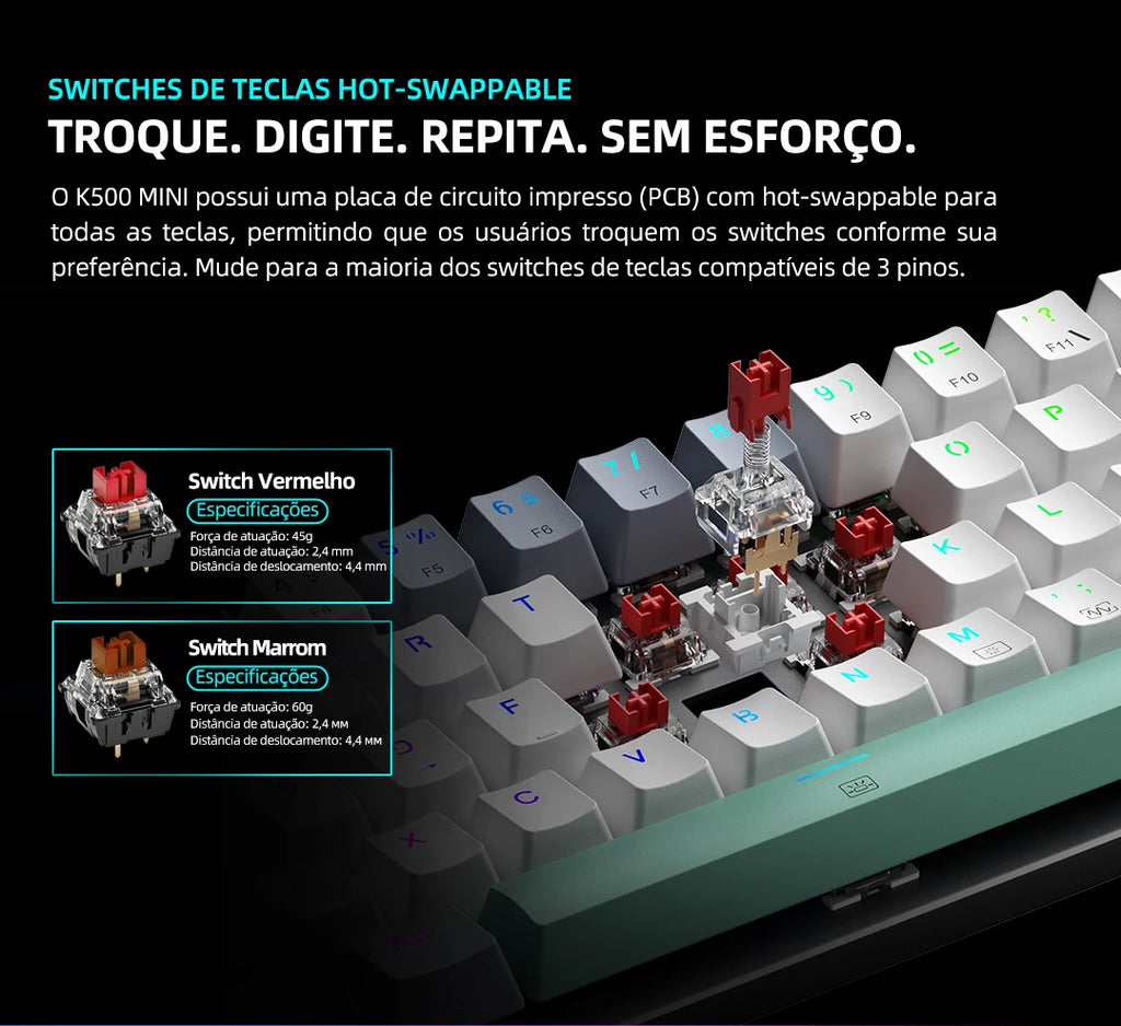 Machenike K500-B61 Mini Mechanical Keyboard – 60%, ABNT2 Layout, RGB Backlight, Hot-Swappable, NKRO, Wired Gaming Keyboard