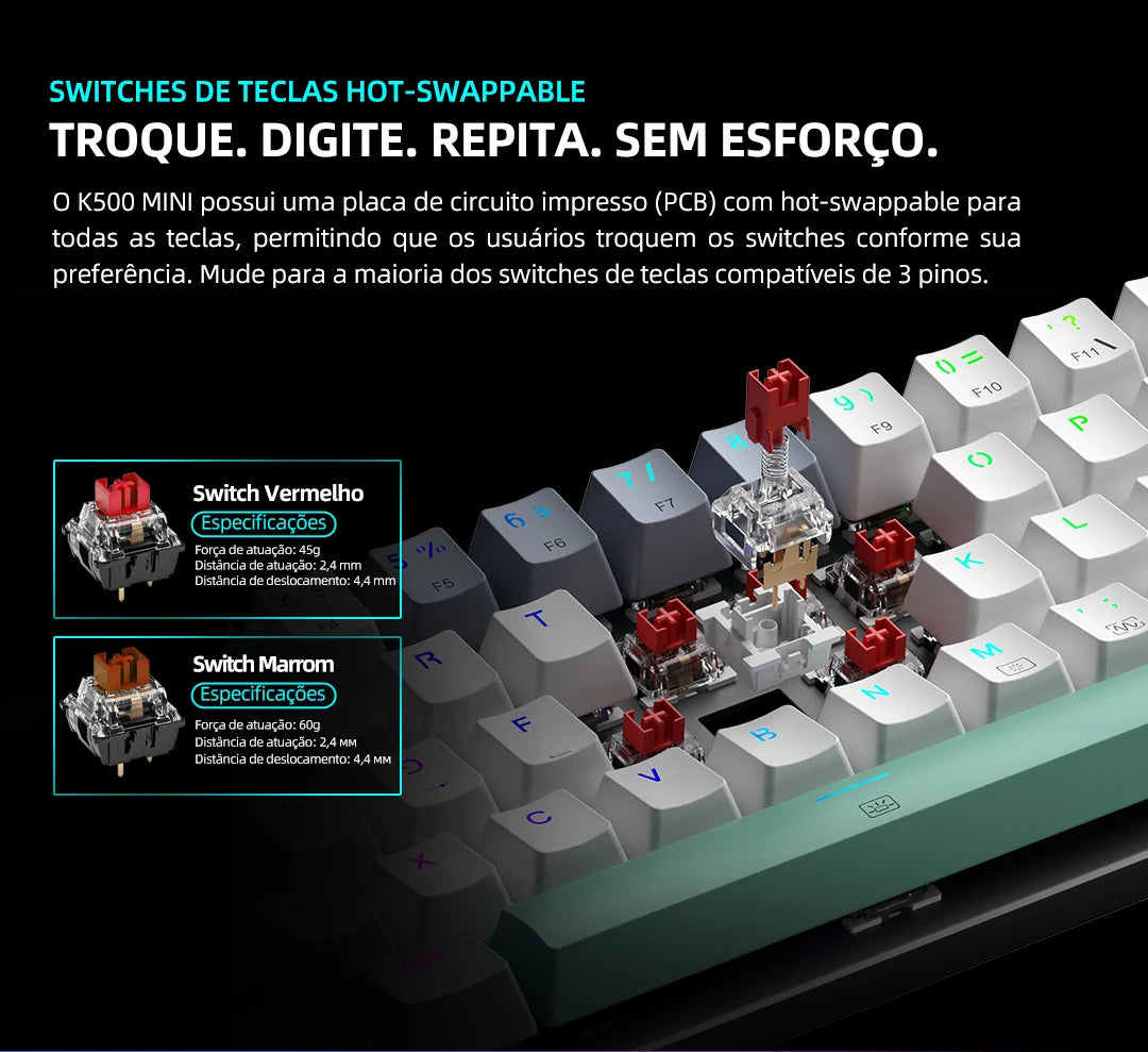 Machenike K500-B61 Mini Mechanical Keyboard – 60%, ABNT2 Layout, RGB Backlight, Hot-Swappable, NKRO, Wired Gaming Keyboard