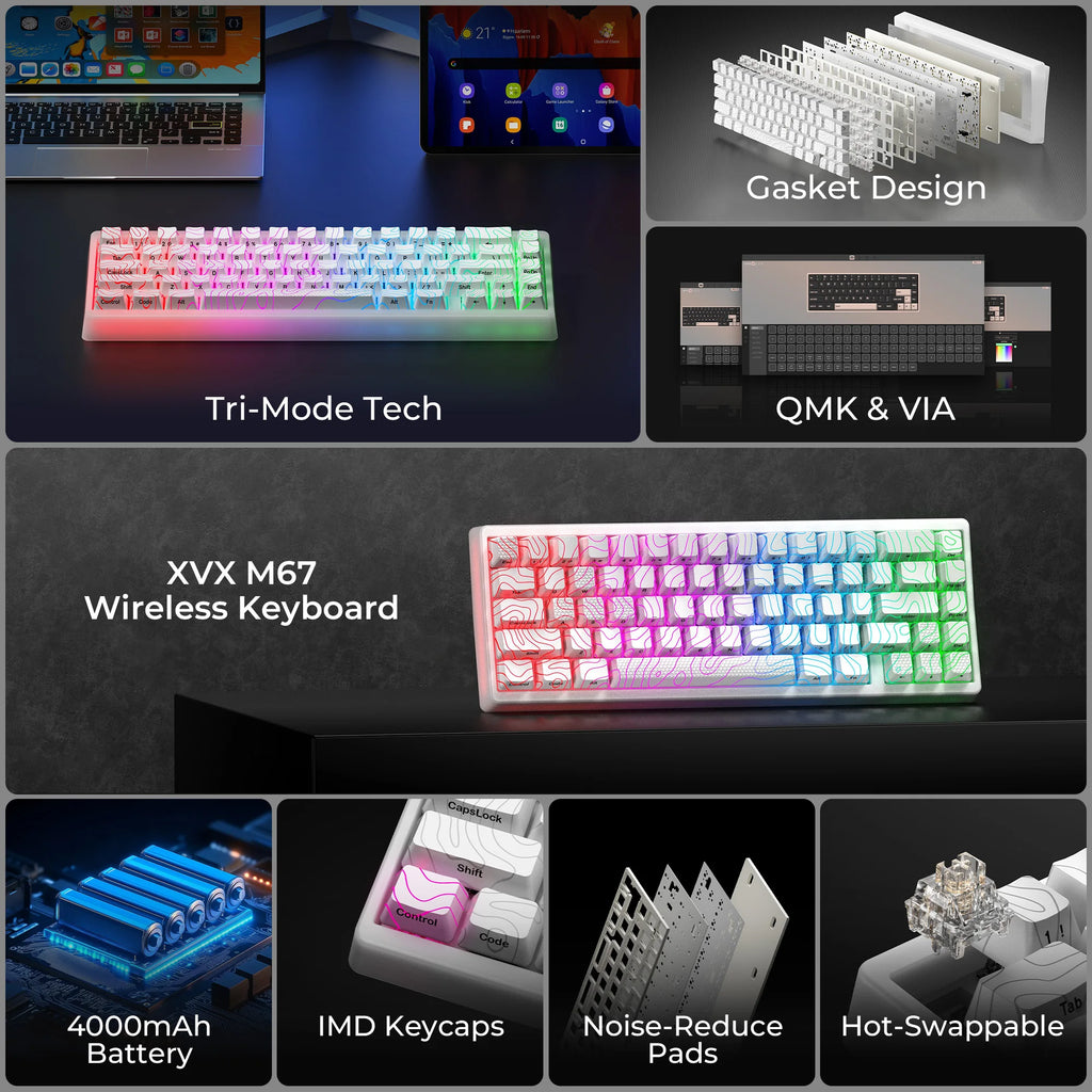 XVX M67 JadeStone Mechanical Keyboard – 65% Layout, IMD-Tech Keycaps, Hot-Swappable, Gasket Mount, Tri-Mode Wireless, Custom RGB