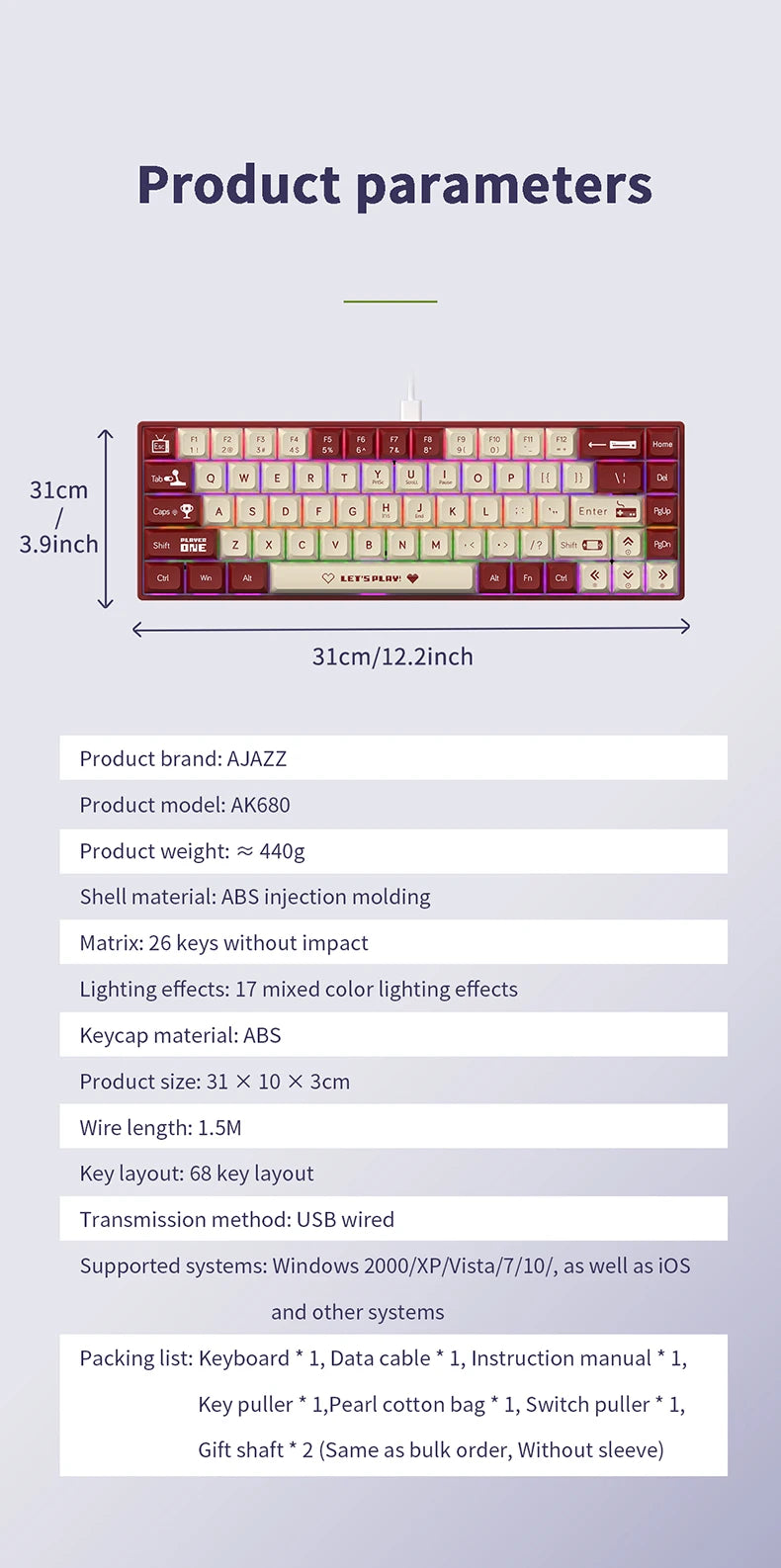 AJAZZ AK680 Mechanical Keyboard – 65%, Wired Gaming Keyboard, Hot-Swap, Mini Custom Keyboard with Gasket for PC & Laptop