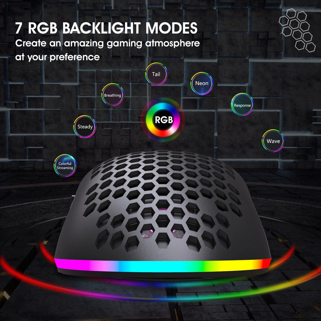 RGB Ultralight Honeycomb Wireless Gaming Mouse – 2.4G Wireless, Charging Support, 3,600 DPI, 6-Button Design, for Laptop & PC Gamers